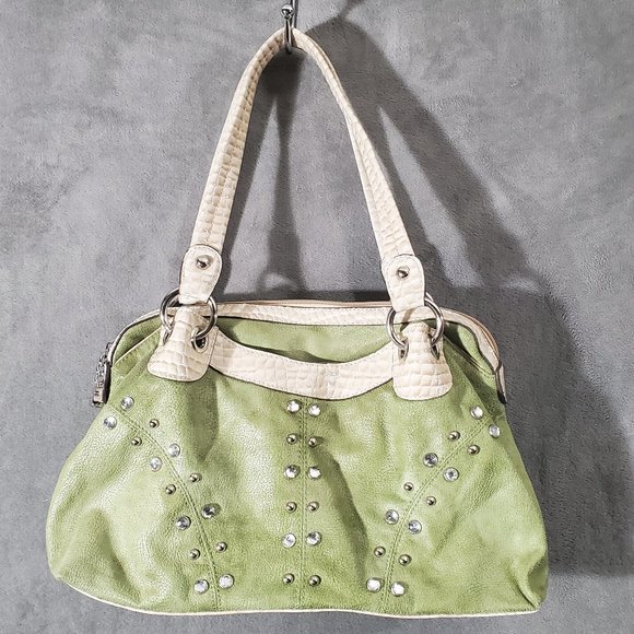 Kathy Van Zeeland Handbags - Kathy Van Zeeland Rhinestone & Studded Pocket Book, Lime Ultrasuede and Tan